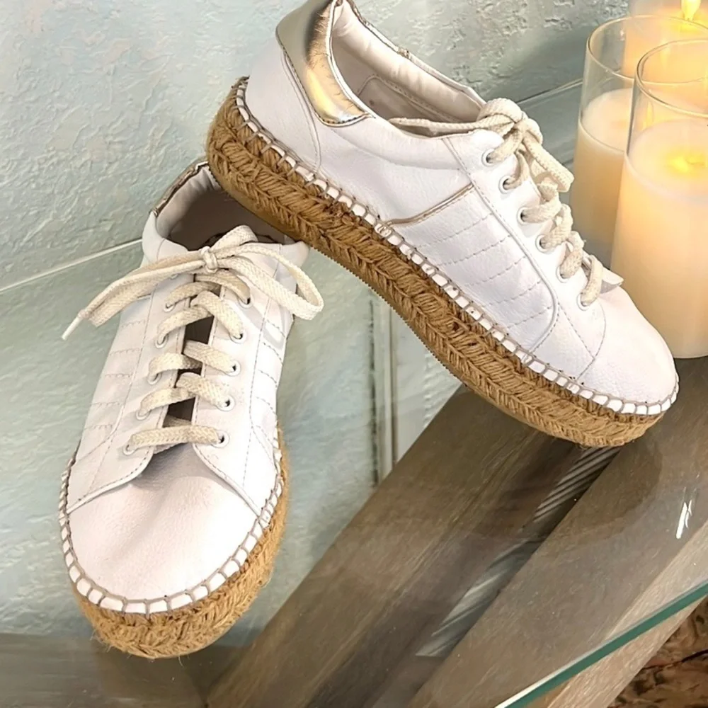 Steve Madden, PACE sneaker w/ espadrille platform, White leather w/Rose Gold